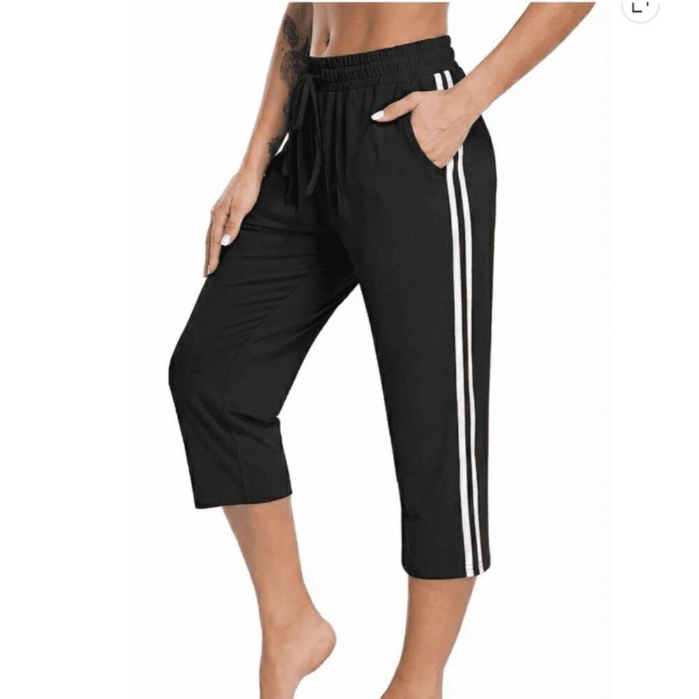 NWT ~ Black Capri Yoga Loose High Waist Drawstring Workout Pants & Pockets ~ 2X